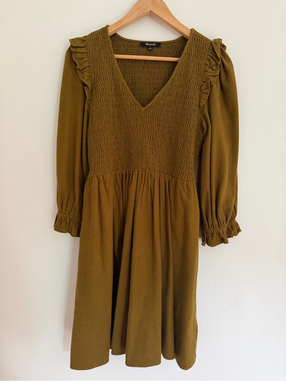 Madewell Olive Green/Brown Smocked V-Neck Dress with Ruffle Shoulders